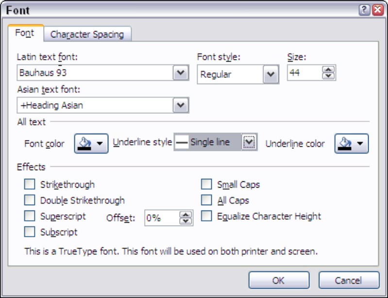 Figure 4-7: Some text effects and underline options.